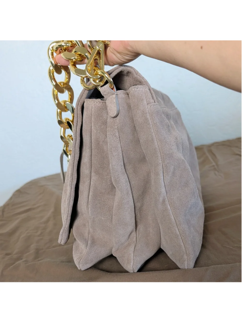 Viola Castellani Italian Suede Leather Chain Bag Taupe Slouchy Crossbody Purse